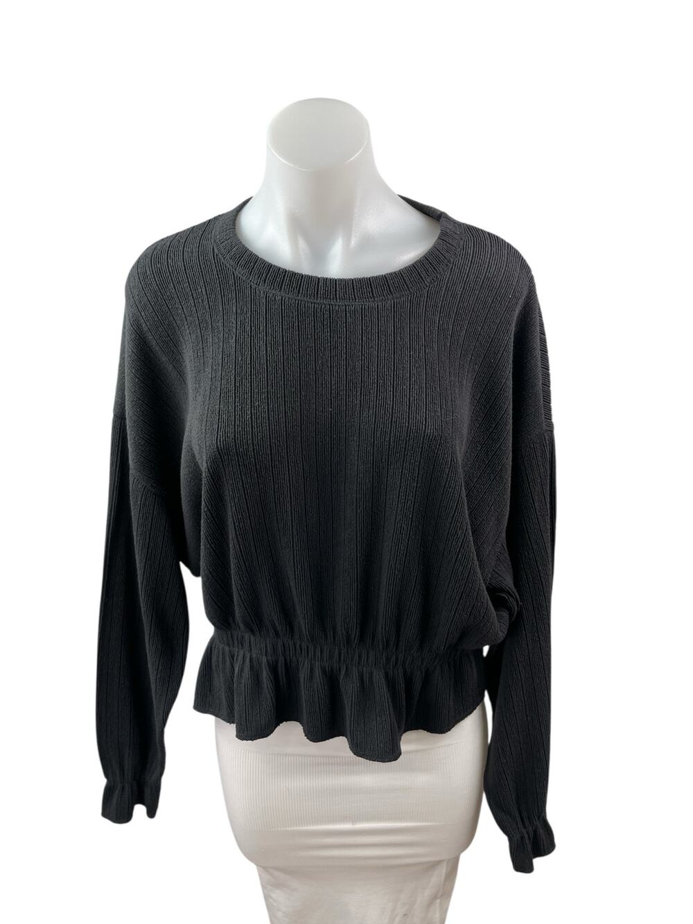 Zara Women's Black Ribbed Crew Neck Long Sleeve Sweater Peplum Blouse Top Size M